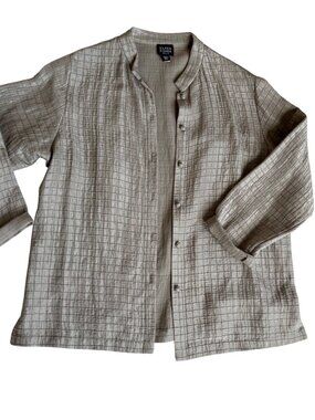 Eileen Fisher Petite Silk Linen Blend Cardigan Taupe Textured Button